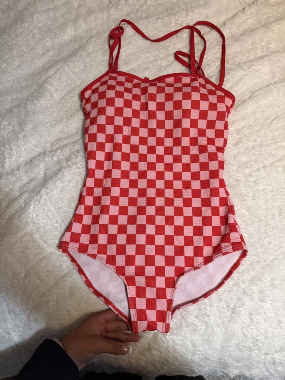 Women’s Red/White Check Lined One-Piece Swimsuit Spaghetti Straps M